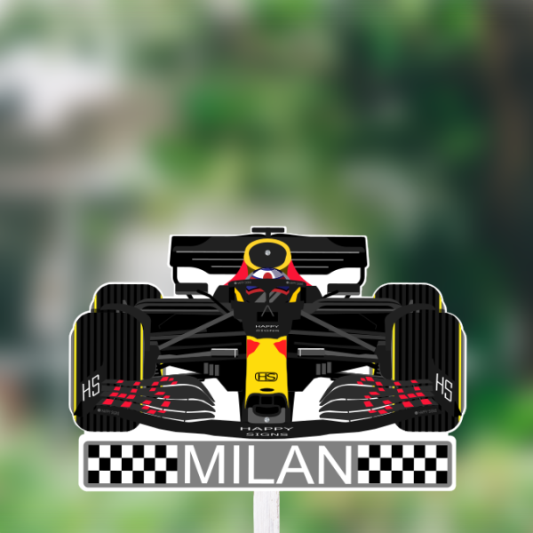 Geboortebord Formule 1 racewagen - op paal in de tuin