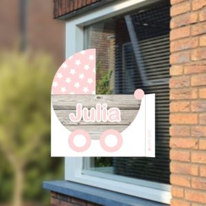 Geboortebord raam - met contour gesneden Kinderwagen - op ruit
