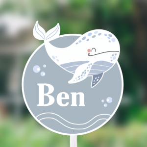Geboortebord - Walvisje met bubbels - op paal in de tuin.