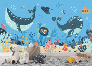 Kinderkamer behang - diep in de zee - met walvis en schildpad